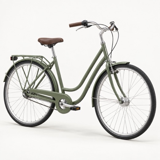 Generated picture of a sage green step-through city bike with a rear rack.