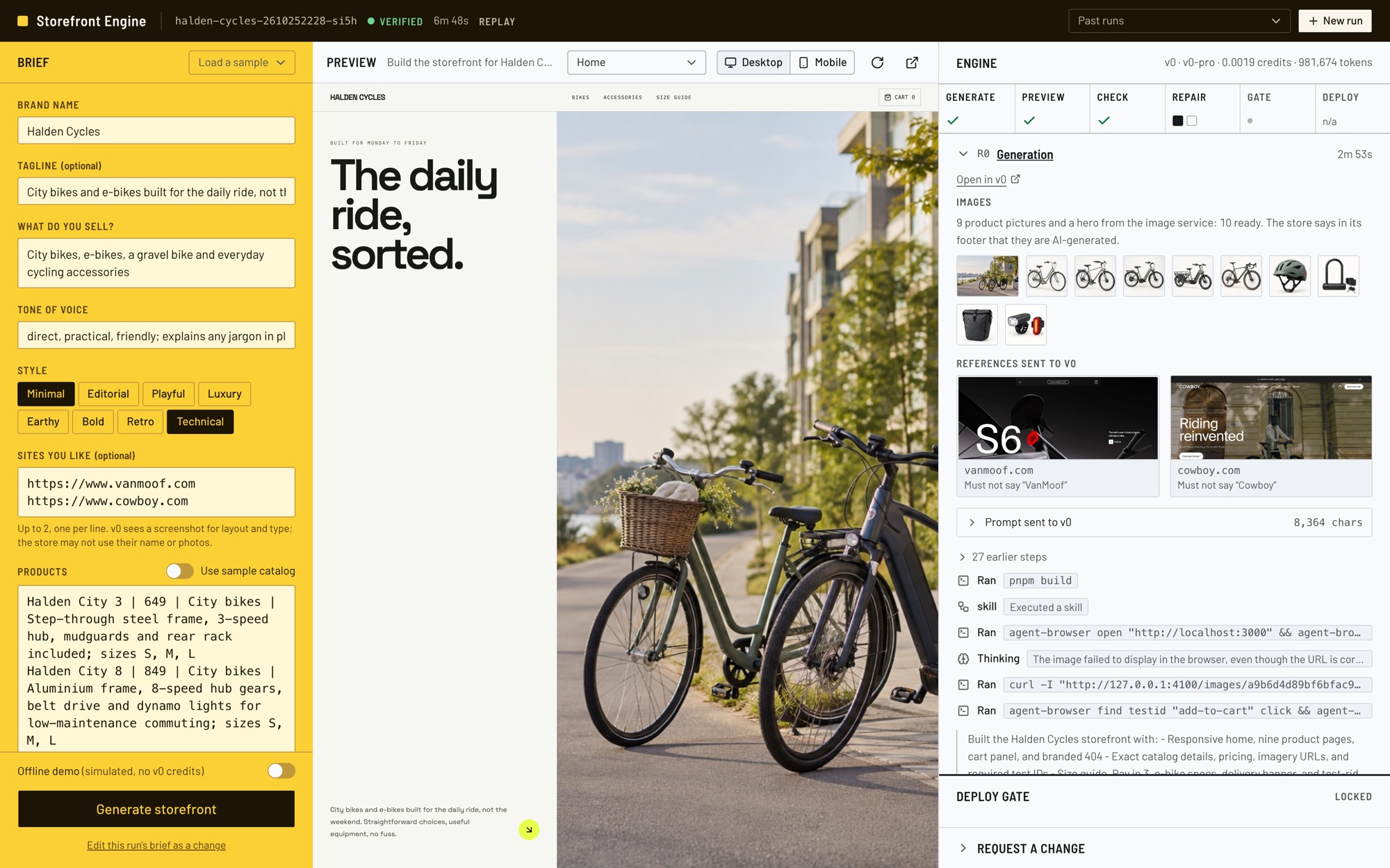 The Storefront Engine console replaying the Halden Cycles run: the yellow brief form on the left, the generated bike store in the middle, and the engine's run record on the right with generated pictures and reference screenshots.