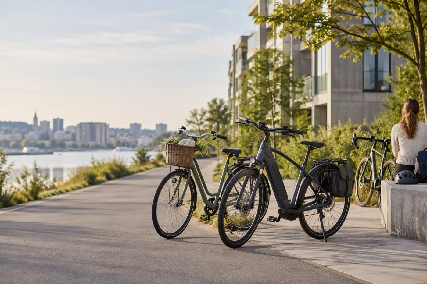 Generated hero picture: two city bikes, one with a wicker basket, parked on a waterfront path in soft sunlight, with a rider resting on a low wall nearby.