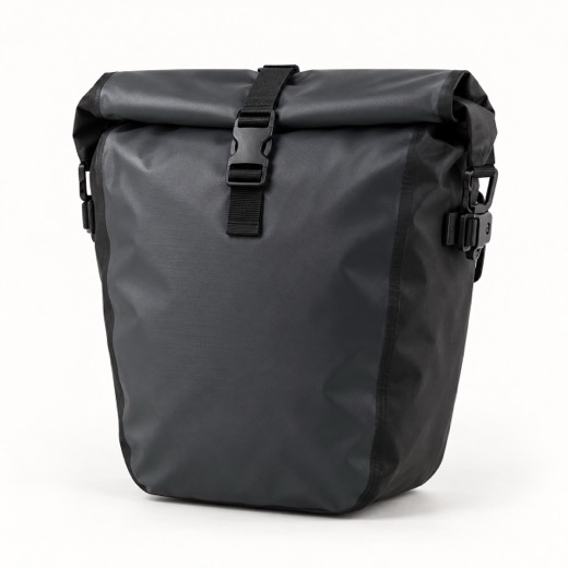Generated picture of a black roll-top waterproof pannier bag.