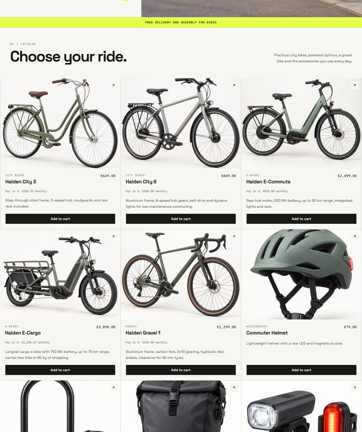 The Halden Cycles home page on desktop: a large headline 'The daily ride, sorted.' beside a photo of two bikes on a waterfront path, a delivery banner, and the first three bikes in the catalog.