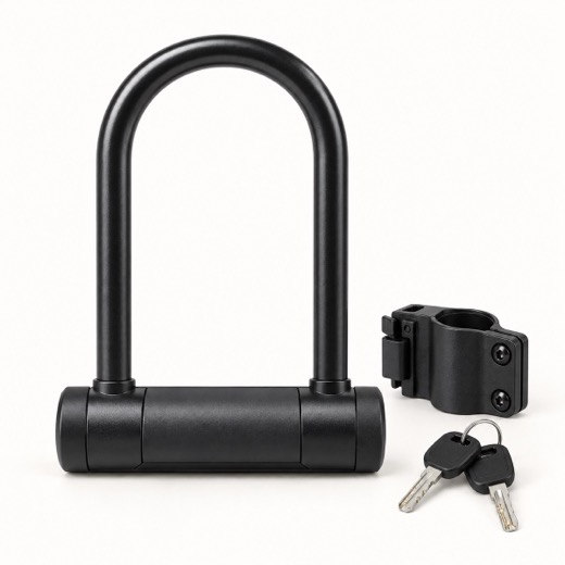 Generated picture of a black hardened U-lock with a frame mount and keys.